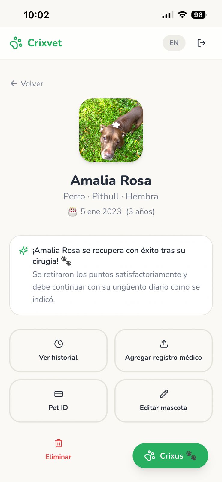 Perfil completo de mascota en Crixvet